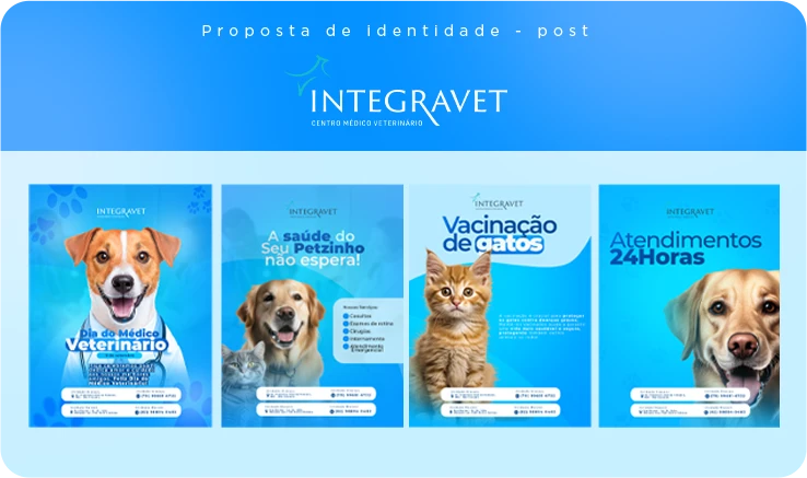Conjunto de posts azuis para a IntegraVet.