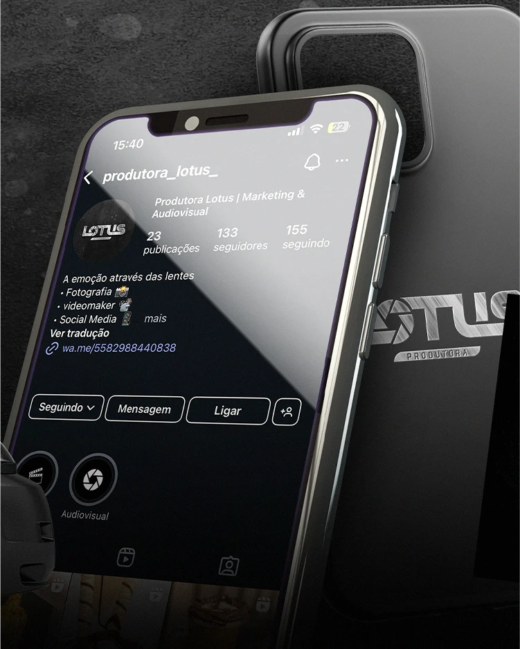 Aplicativo da Produtora Lotus exibido em um celular.