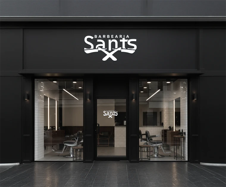 Fachada escura da Sants Barbearia.